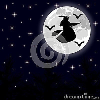 Witch flying on a broom on a full moon in the forest Cartoon Illustration