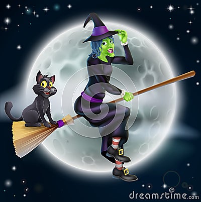 Witch flying on broom and night sky Vector Illustration