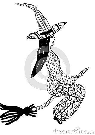 Witch flying on a broom with patterns in the style of Zenart. Freehand drawing. Vector. Vector Illustration