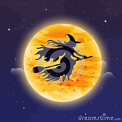 Witch Flying on Broomstick. Halloween background. Witch silhuette flying in front of the moon. Vector Illustration