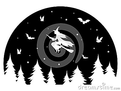 Witch flying on a broomstick at night. Black and white illustration of a witch for halloween celebration. Vector drawing Vector Illustration