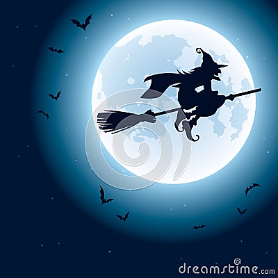 Witch flying over the moon Vector Illustration