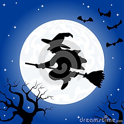 Witch flying over the moon Vector Illustration