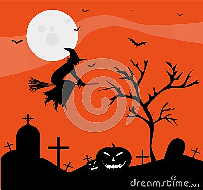 The witch and the full moon Cartoon Illustration