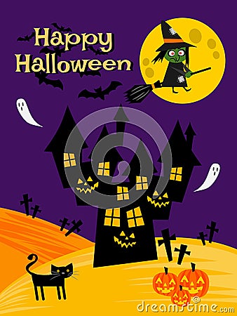 Witch in Halloween night background. Vector Illustration