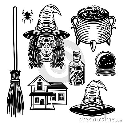 Witch and halloween set of vector graphic objects Vector Illustration