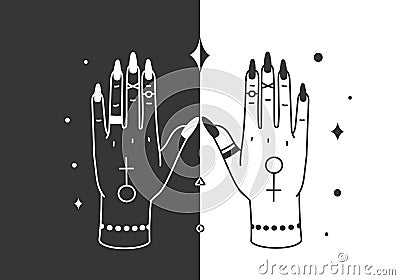 Witch hands. Boho witchcraft tarot poster. Spiritual feminine arms with accessory, female and male symbols Vector Illustration