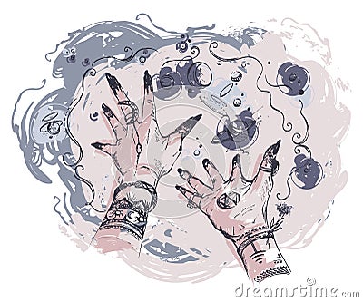 Witch hands with magic happens around. Concept design for print, poster, tattoo, sticker, card. Vector Illustration