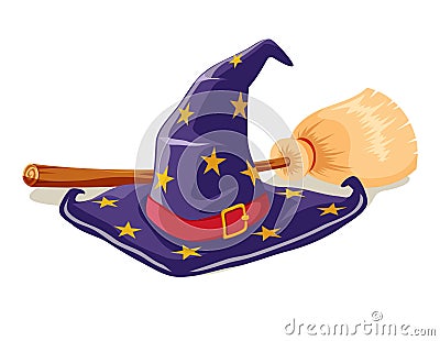 Witch hat and broomstick Vector Illustration