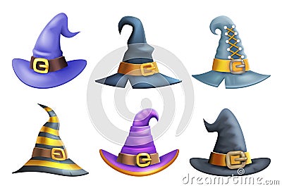 Witch hat halloween children costume kid masquerade party 3d cartoon icons set vector illustration Vector Illustration