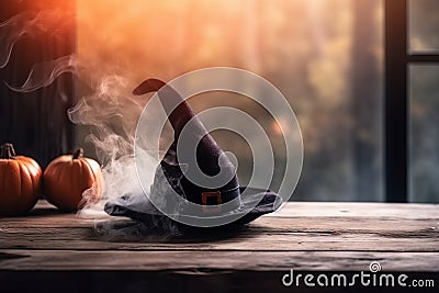 Witch hat on wooden tabl with copy space Stock Photo