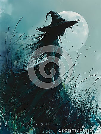 Moonlit Menace: A Witch's Haunting Stroll Through the Fields Stock Photo