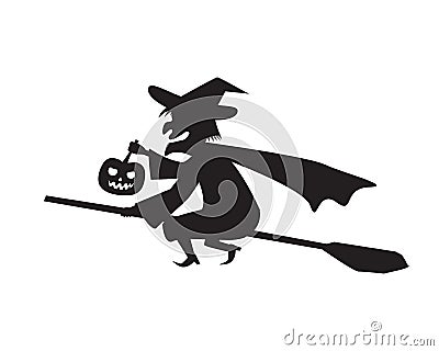 Witch hold pumpkin lamp on a broomstick Vector Illustration