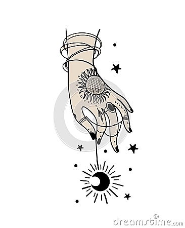 Witch holding with hand amulet with crescent moon, simple boho tattoo hand drawing, modern vintage design. Magic symbol Vector Illustration