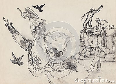 Witch hunt. Men attack witches. Hand drawing illustration. Cartoon Illustration