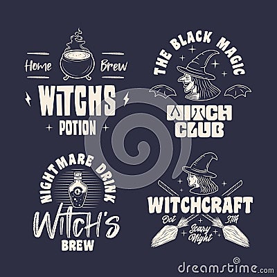 Witch logo set. 4 Witch related labels, badges, emblems. Vector Illustration