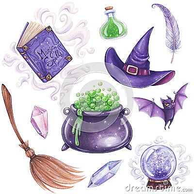 Witch magic attributes set. Cartoon Illustration