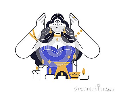 Witch during magic esoteric ritual with candles. Clairvoyant woman invoking spirits. Psychic medium telling future Vector Illustration