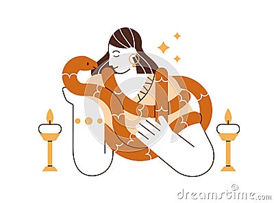 Witch and magic snake. Clairvoyant with candles during mystic esoteric witchcraft. Wizard woman and mysterious animal Vector Illustration