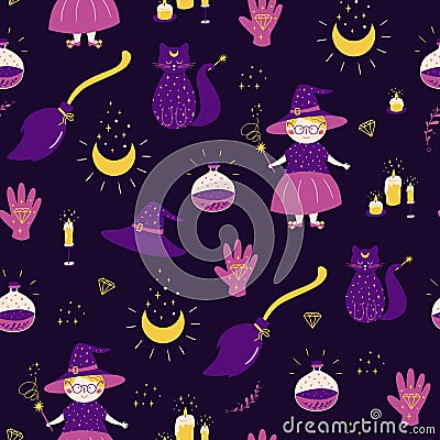 Witch pattern Magic seamless pattern. Halloween background in doodle Witches cat, broom, potion bottle, hat, hand Cartoon Illustration