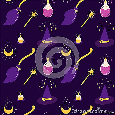 Witch pattern Magic witchcraft seamless pattern. Halloween background in broom, potion bottle, hat, magic wand, moon Cartoon Illustration