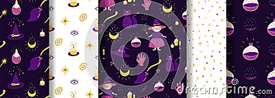 Witch pattern set Magic collection seamless patterns Halloween background Witchcraft paper Cute kids mystery prints kit Cartoon Illustration