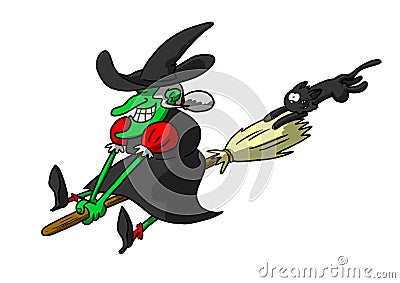 Witch riding broom with cat in tow Stock Photo