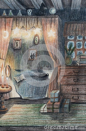 Witch room. With sleeping witch, black cat, candles and books. Cartoon Illustration