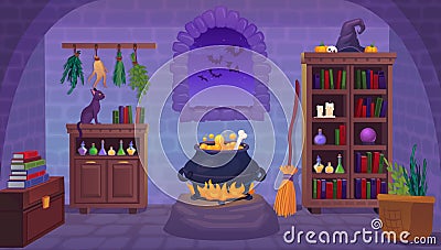 Witch room. Witches interior inside magic house or horror cellar indoors mystery castle, cartoon wizard home scary Vector Illustration