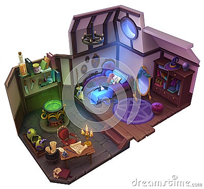 The witch room. Young witch and cute black cat. Cartoon illustration for halloween and games. Cartoon Illustration