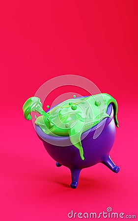 Witch`s cauldron with green liquid, 3d render. Witch`s brew, green slime flows out of the cauldron, 3d illustration. Cartoon Illustration