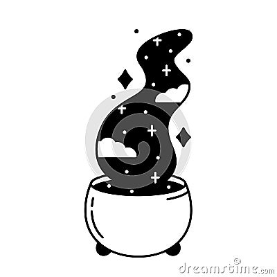 Witch`s cauldron with space potion. Black illustration of magic, witchcraft, other world. Graphic cutout silhouette of pot with Vector Illustration