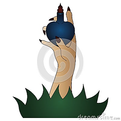 The witch`s hand holds a vial with a love potion. Heart shaped vessel. Long fingers with sharp nails burst from the ground. Vector Illustration