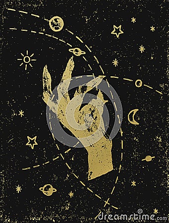 Witch`s hand with cosmos illustration, gold on black textured ba Vector Illustration