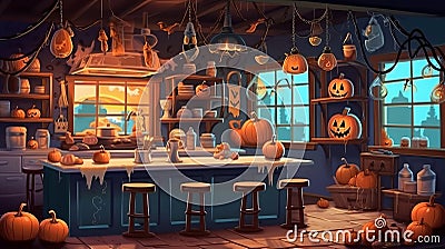 witch's kitchen, stylized room with herbs and mixes, halloween night, illustration, pictures. Cartoon Illustration