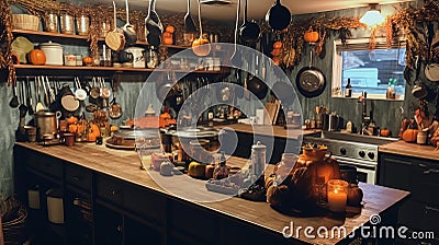 witch's kitchen, stylized room with herbs and mixes, halloween night, illustration, pictures. Cartoon Illustration