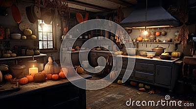 witch's kitchen, stylized room with herbs and mixes, halloween night, illustration, pictures. Cartoon Illustration