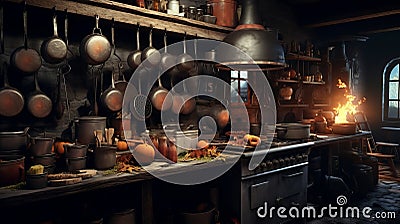 witch's kitchen, stylized room with herbs and mixes, halloween night, illustration, pictures. Cartoon Illustration