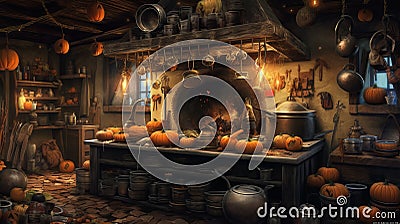 witch's kitchen, stylized room with herbs and mixes, halloween night, illustration, pictures. Cartoon Illustration