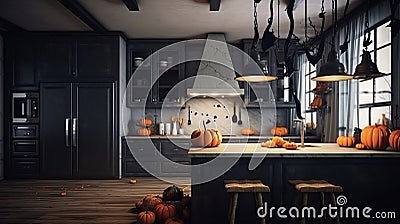 witch's kitchen, stylized room with herbs and mixes, halloween night, illustration, pictures. Cartoon Illustration