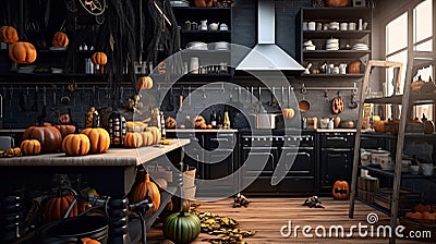witch's kitchen, stylized room with herbs and mixes, halloween night, illustration, pictures. Cartoon Illustration