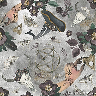 Witch set, seamless pattern. Black moths, hand, pentagram, witch hat, ouija planchette and dark flowers Stock Photo