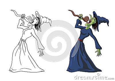 A witch singing into her staff. Vector Illustration