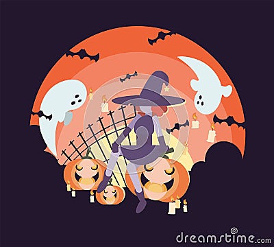 The witch sits on a pumpkin around which ghosts and bats fly Vector Illustration