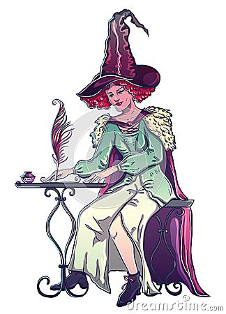Witch sits at the table and writes a letter with pen and ink. Vector Illustration