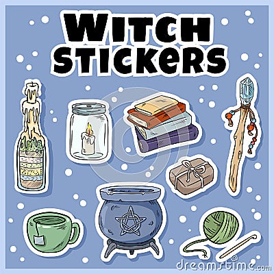 Witch stickers set. Collection of witchcraft labels. Wiccan symbols: cauldron, wand, candle, books Vector Illustration