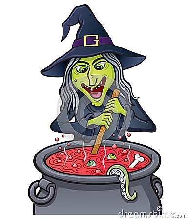 Witch Stirring Bubbling Cauldron Cartoon Illustration