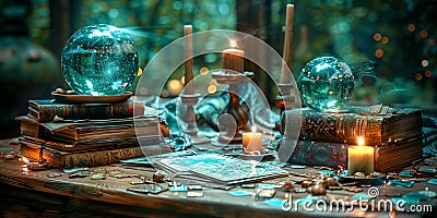 Witchcraft Ritual scene with Candles, Occult Library, Tarot cards and Crystal Balls. Divination and Magic Rituals of Walpurgis Stock Photo