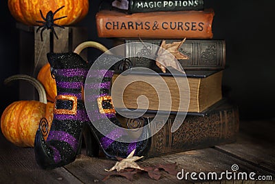 Witches Boots and Books Stock Photo