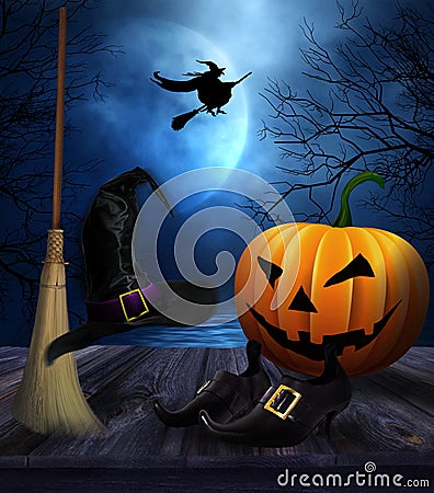 Witches broom hat and shoes with Halloween background Stock Photo